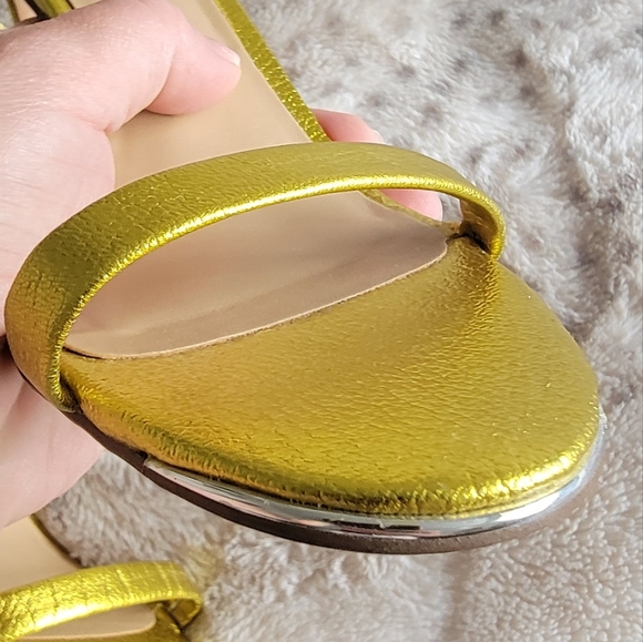 Leather Ankle Strap Sandal, size 6.5 metallic yellow gold - Picture 2 of 9